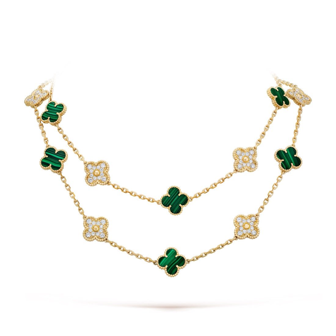 Dây chuyền Van Cleef & Arpels Alhambra dài 20 hoa Malachite, kim cương