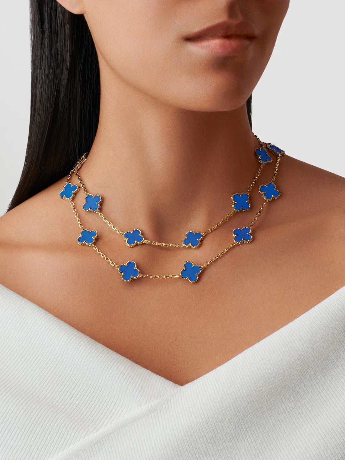 Dây chuyền Van Cleef & Arpels Alhambra dài 20 hoa vàng 18k, đá Agate xanh