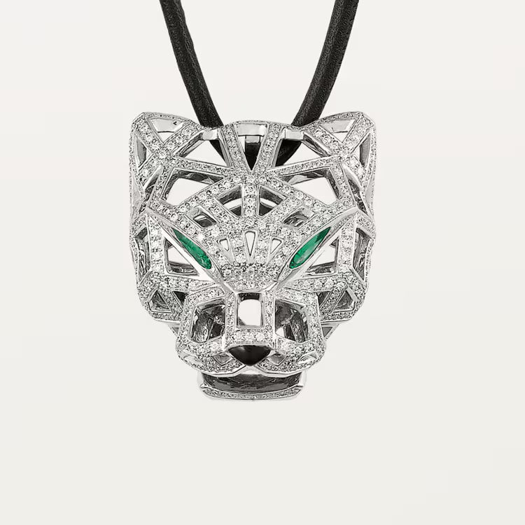   Dây chuyền đầu báo Cartier | Vàng trắng 18k - Kim cương - Emerald - Onyx