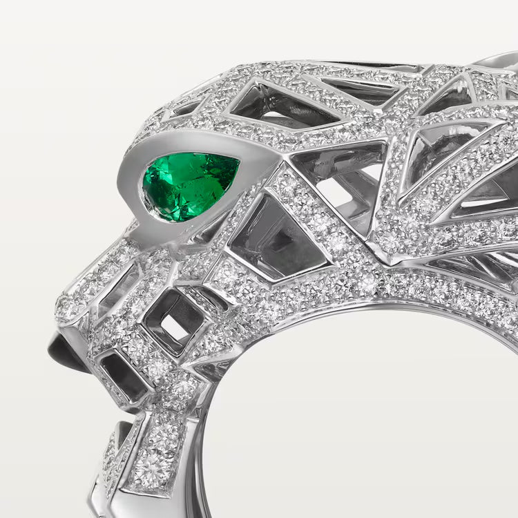   Nhẫn Panthère de Cartier đầu báo | Vàng trắng 18k - Kim cương - Emerald - Onyx