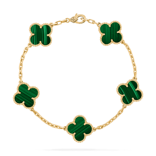 Vòng tay Van Cleef & Arpels Alhambra 5 hoa vàng 18K đá Malachite xanh