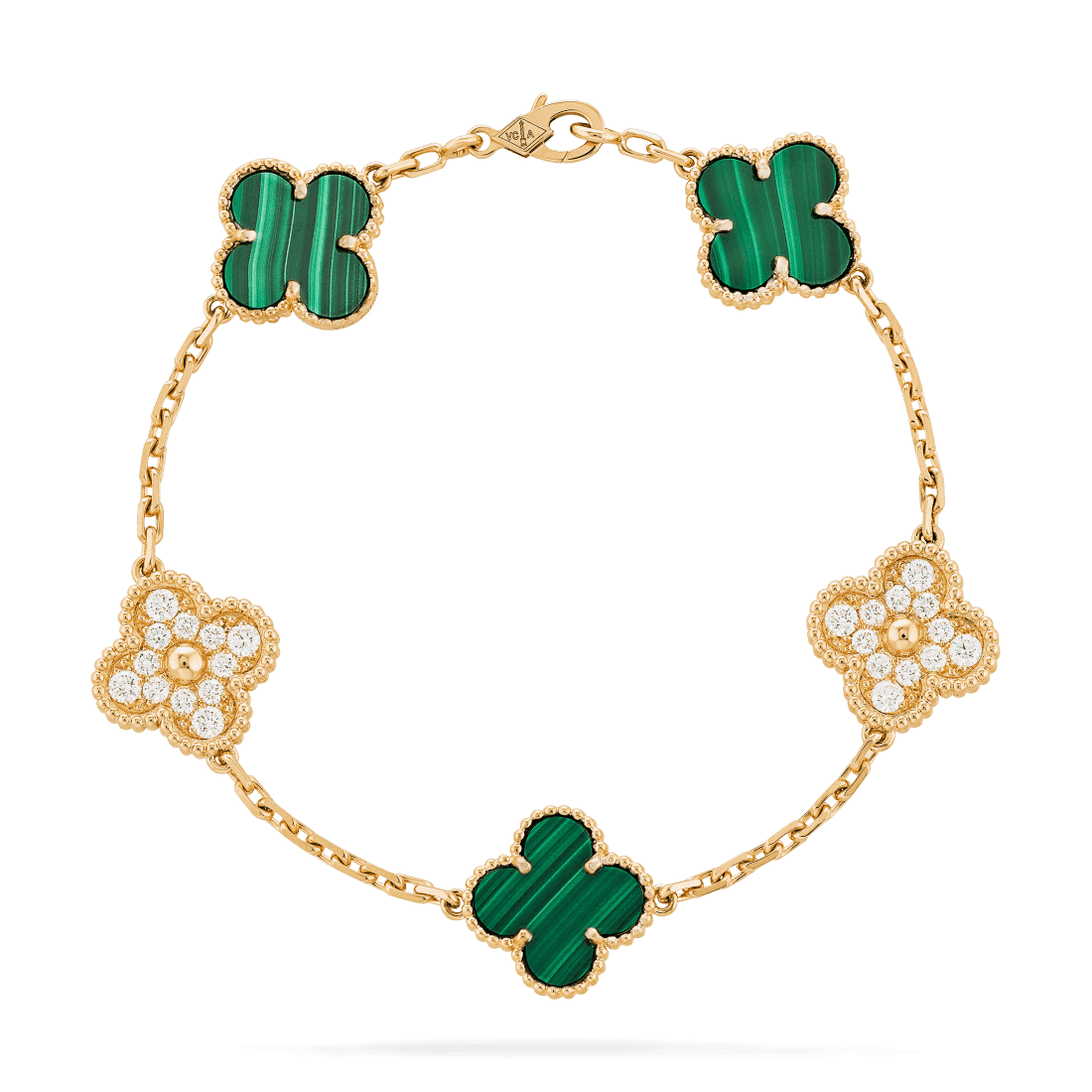   Vòng tay Van Cleef & Arpels Alhambra 5 hoa vàng 18K kim cương 3 Malachite