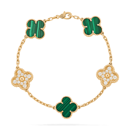   Vòng tay Van Cleef & Arpels Alhambra 5 hoa vàng 18K kim cương 3 Malachite