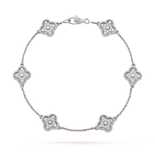   Vòng tay Van Cleef & Arpels Sweet Alhambra 6 hoa vàng trắng 18K kim cương thiên nhiên